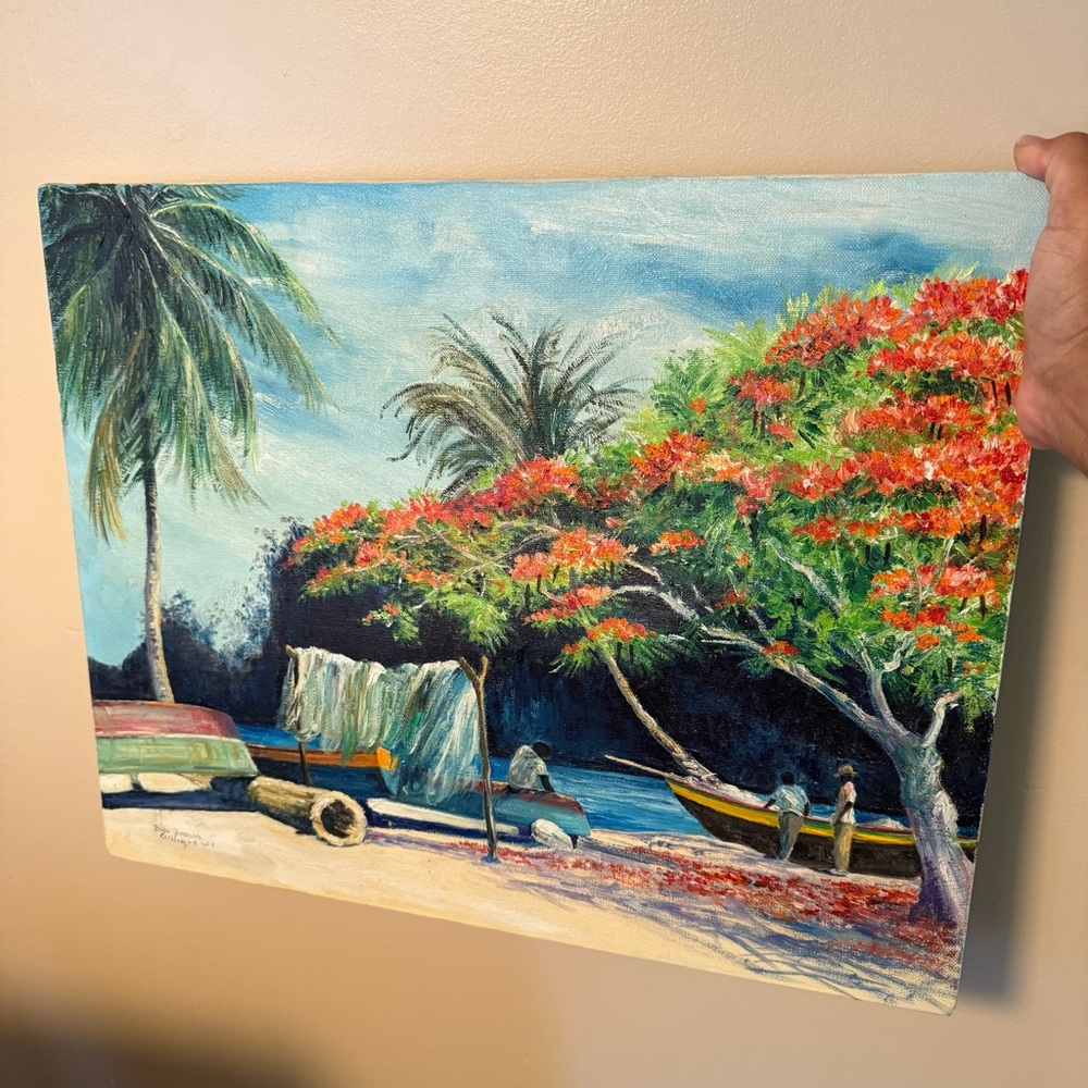 Babs Brown (20th Century) Antigua oil on canvas‎ Painting 20x16” Vintage Boats